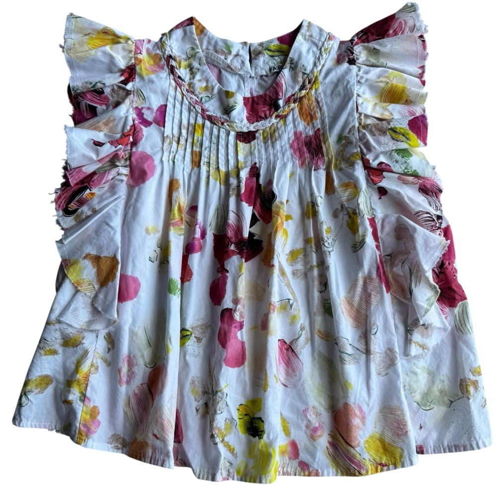FAIRHOPE Women’s Flutter Sleeve Top Braided Neck Watercolor Floral Size Small